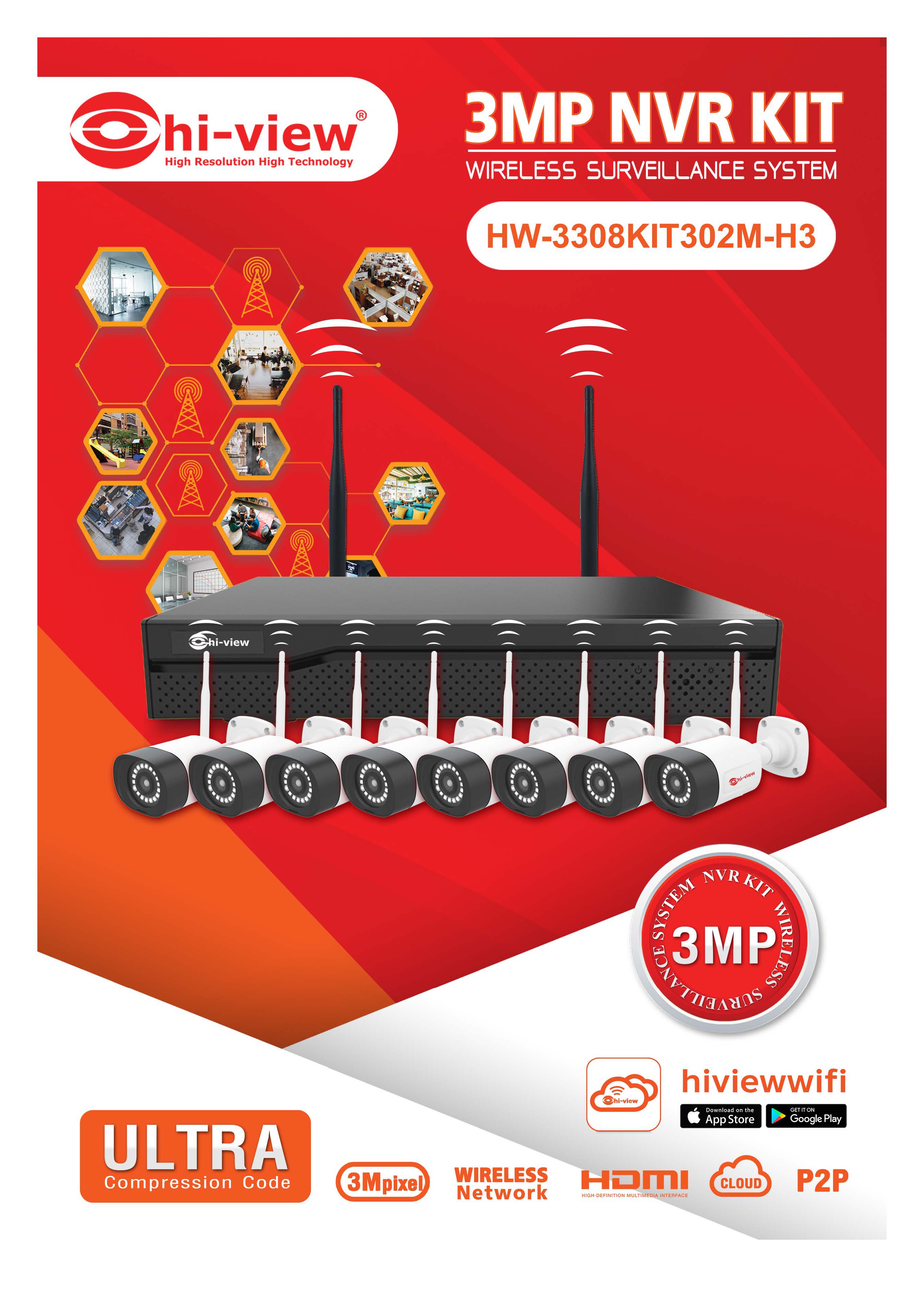 กล้องวงจรปิดไร้สาย 3 MP ภาพสี 24 ชั่วโมง WIFI IP CAM (8 ตัว) บันทึกภาพ,เสียง พร้อม HDD 2 TB (บันทึกแบบ H.265) HIVIEW ราคา 14,900 บาท*ส่งฟรี
