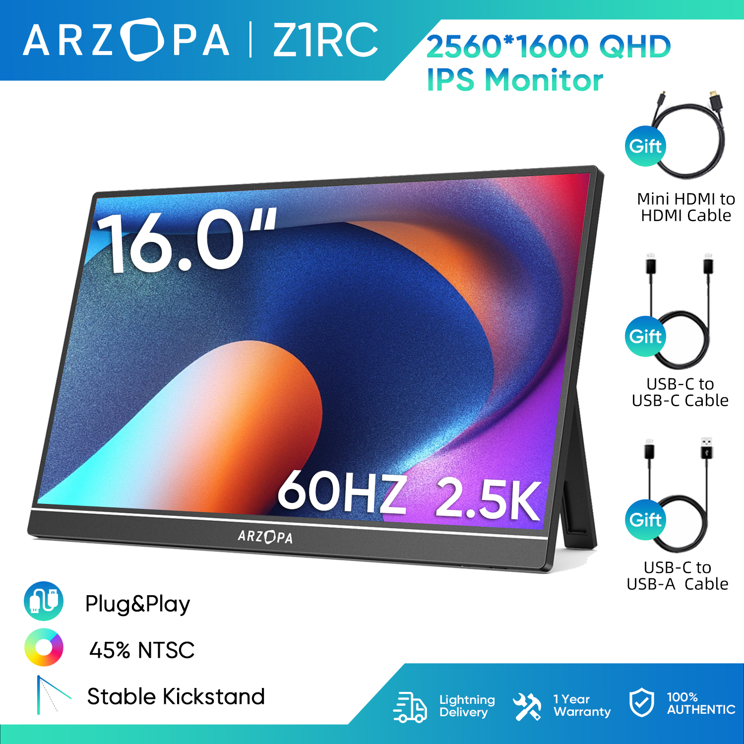 ARZOPA Z1RC, 16 "2.5K 100% sRGB Portable Monitor จอภาพแบบพกพา, 2560x1600 HDR Kickstand จอมอนิเตอร์, 500nits 8bit QHD USB-C HDMI แล็ปท็อปจอภาพ, 16:10 IPS ภายนอกหน้าจอที่สองสำหรับโทรศัพท์ Mac PC PS4/5 Xbox Switch ราคา 4,199 บาท*ส่งฟรี