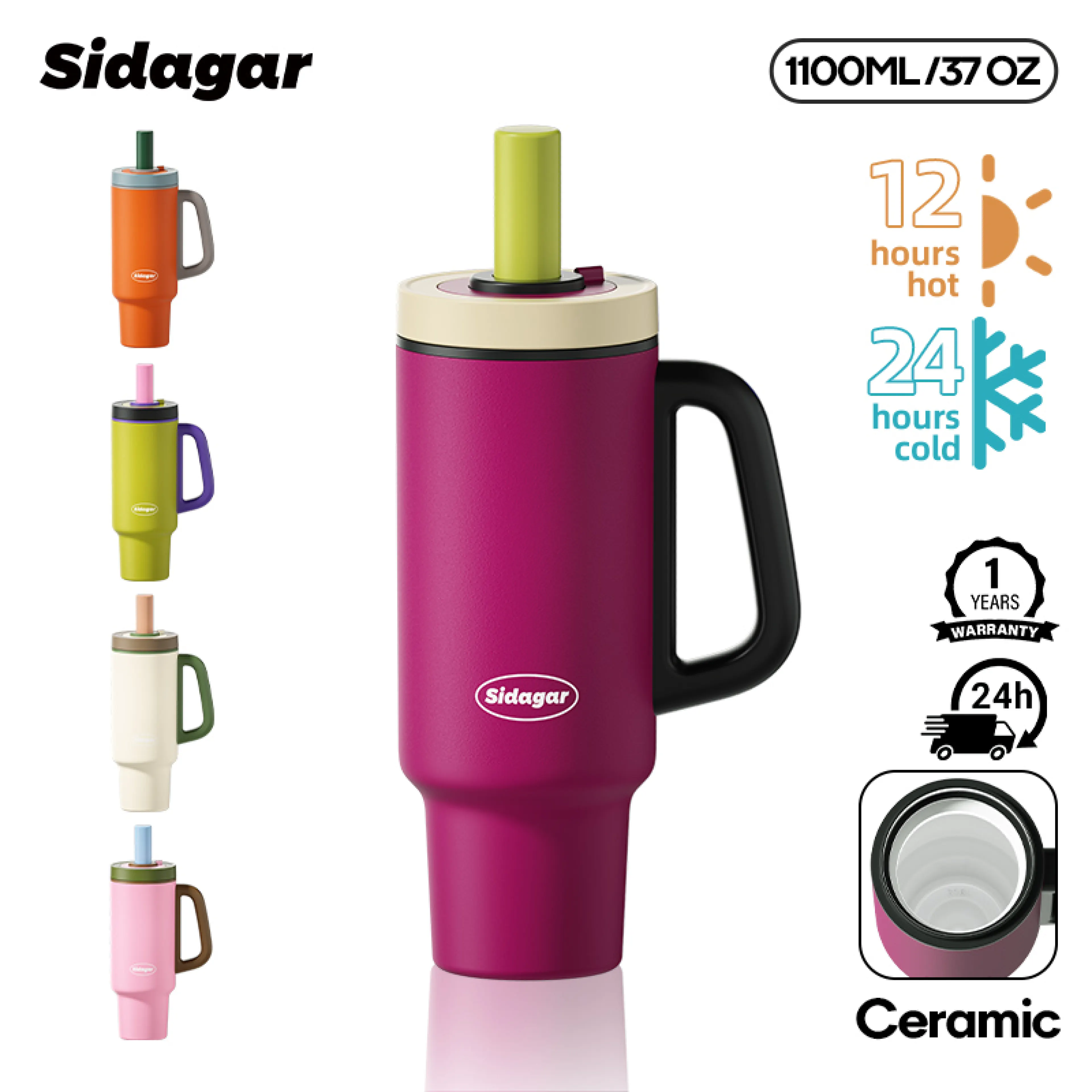 Sidagar Large Capacity 1100ml Large Insulated Cup One Click Instantly Open Portable Car Water Bottle 316 L Ceramic Coated Liner with a Handle for Keeping Ice Cold