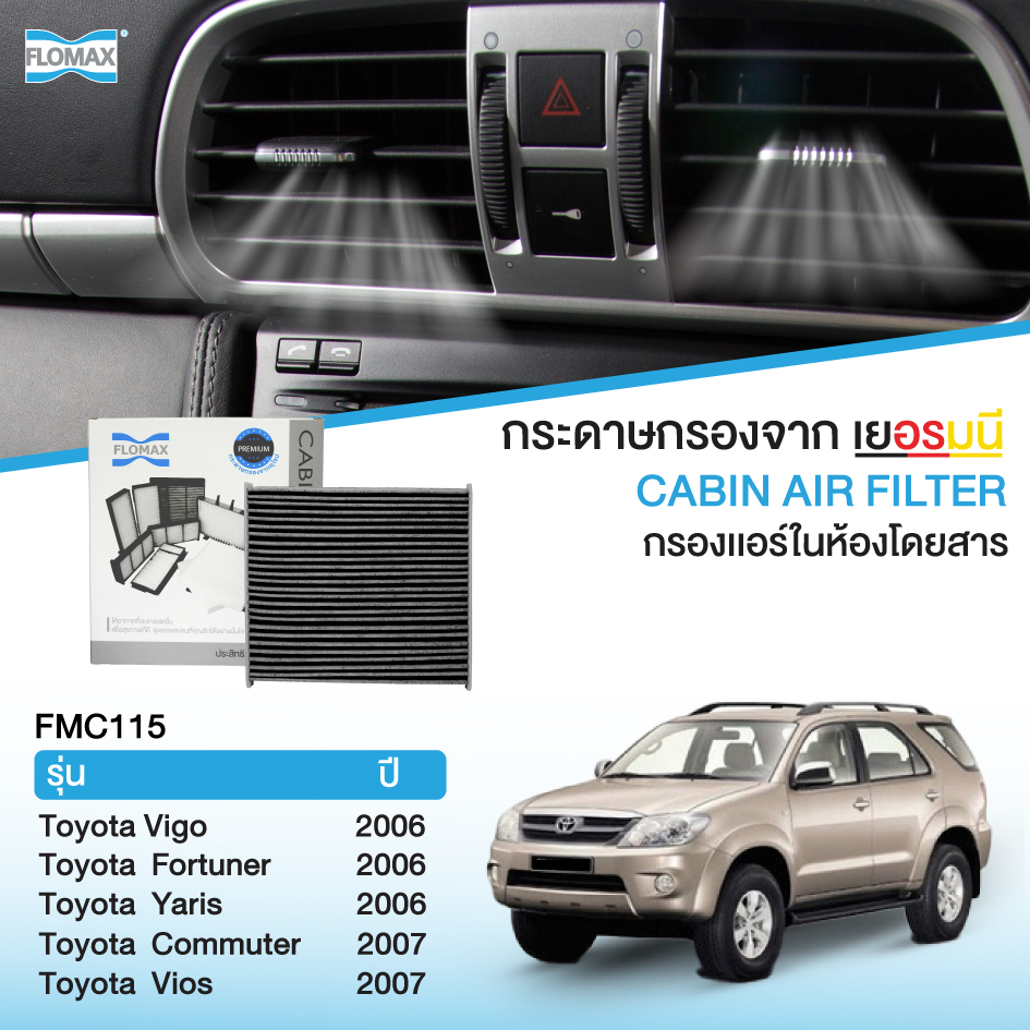อุปกรณ์ประดับยนต์และชิ้นส่วนยานยนต์ Flomax กรองแอร์รถยนต์ TOYOTA VIGO, FORTUNER, VIOS ปี. ปี 2007 คัมรี่ ปี 2006 YARIS 2006, COMMUTER (กระดาษกรองอากาศคาร์บอน)