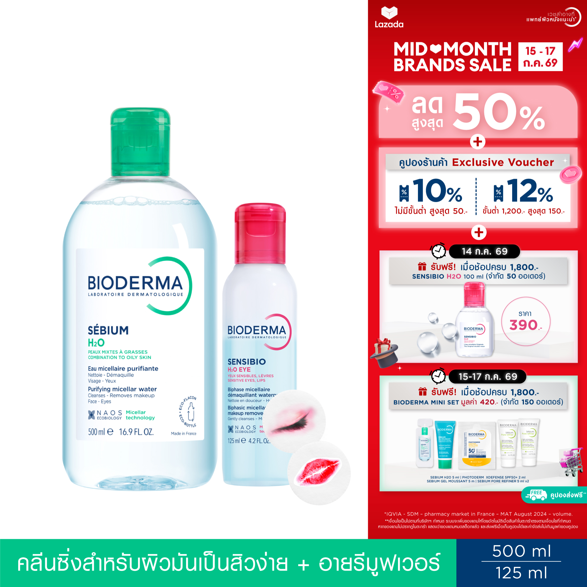Bioderma Sensibio H2O Eye Makeup Remover 125 ml + Sebium H2O 500 ml Eye Makeup Remover and Cleanser for Oily, Acne-Prone Skin. ราคา 1,407 บาท*ส่งฟรี
