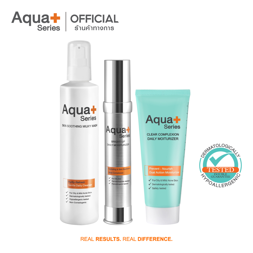 AquaPlus Skin Soothing Milky Wash 175 ml. & Bright-Up Daily Moisturizer 30 ml. & Clear Complexion Daily Moisturizer 50 ml. โฟมน้ำนมล้างหน้า และมอยส์เจอร์ไรเซอร์
