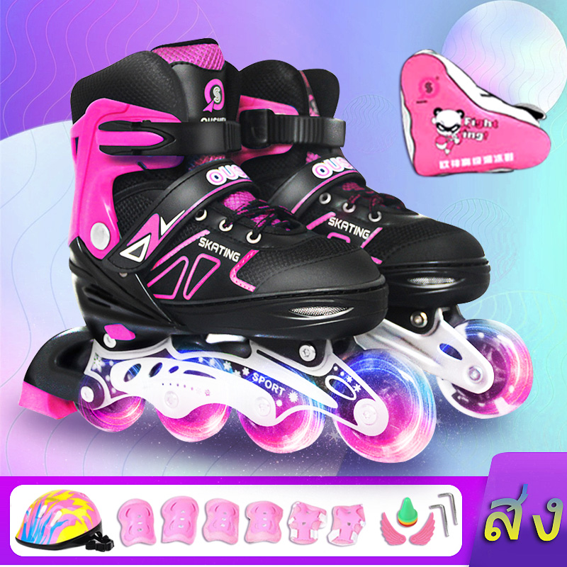 Roller Blade Skate รองเท้าอินไลน์สเก็ต ของเด็กหญิงและชาย ออกแบบdoubleล็อก ปลอดภัย ล้อมีไฟ PINK／BLUE/BLACK