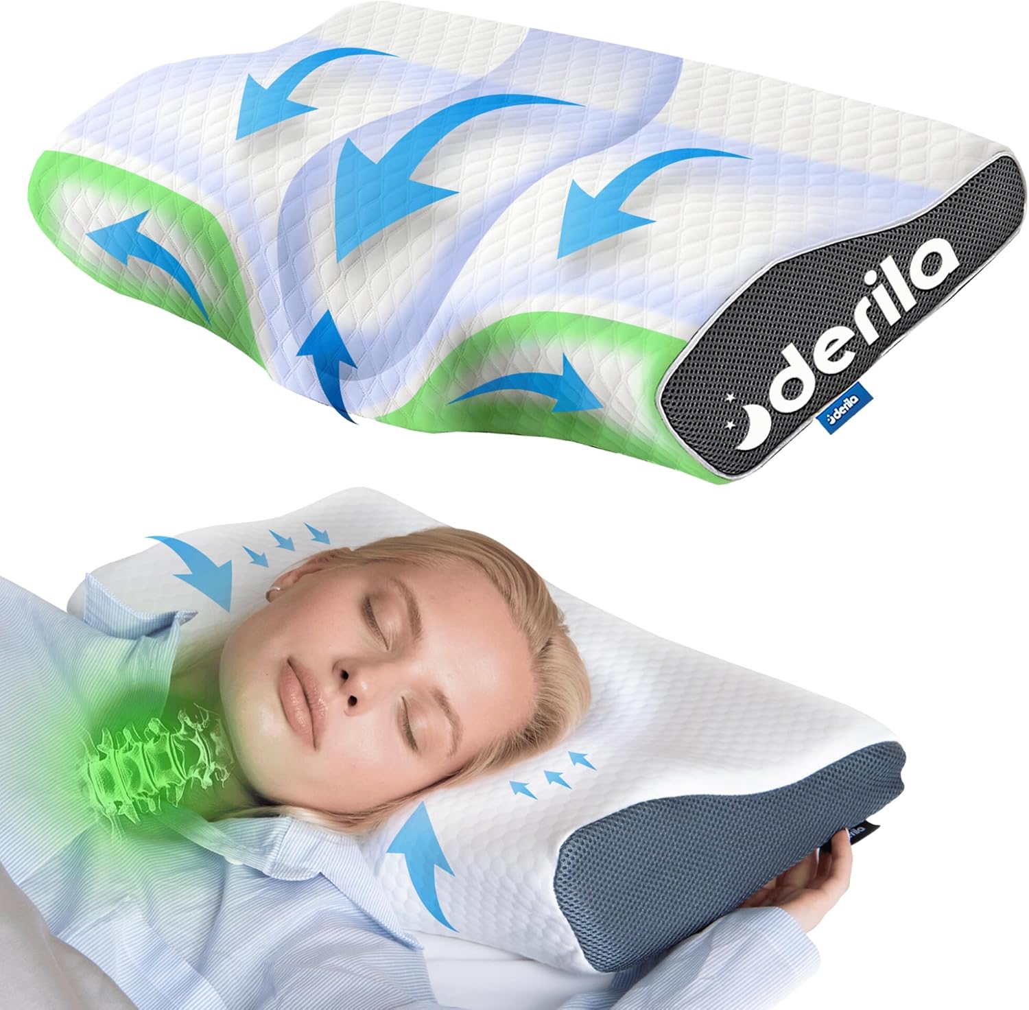 หมอนรองคอ Derila ขนาดควีนไซส์สำหรับการนอนหลับ - หมอนรองสำหรับผู้นอนตะแคง หลัง และท้อง - หมอนที่ดีที่สุดสำหรับการนอนหลับ