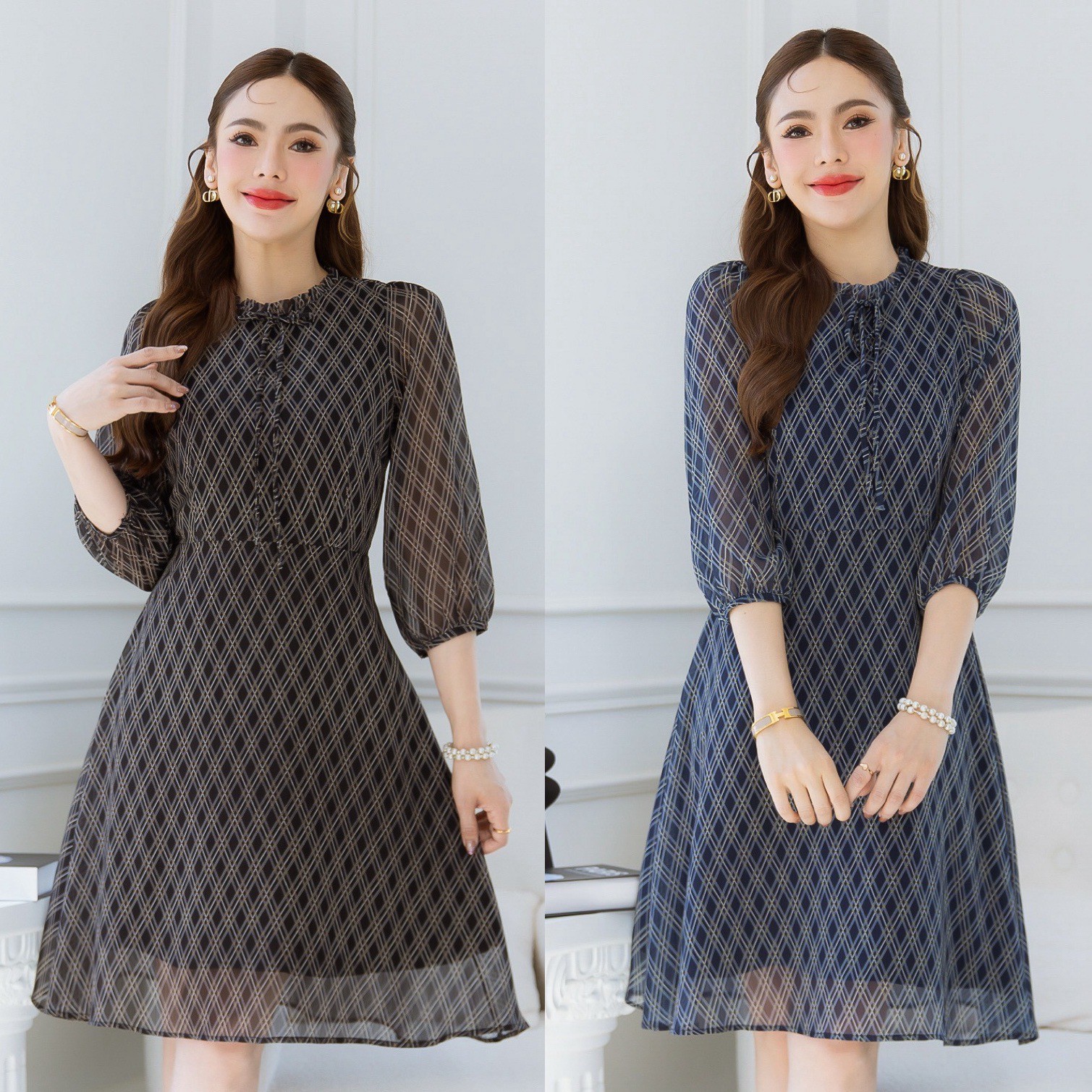 Chiffon Dress, Beautiful and Elegant, Comfortable to Wear, Looks Very Beautiful and Classy, This Dress Looks Great. the Color Tone Looks Luxurious. Dark Colors Help Hide the Figure. the Diamond Pattern Has Dimension. There Is a Small Pleated Neck Detail T ราคา 650 บาท*ส่งฟรี