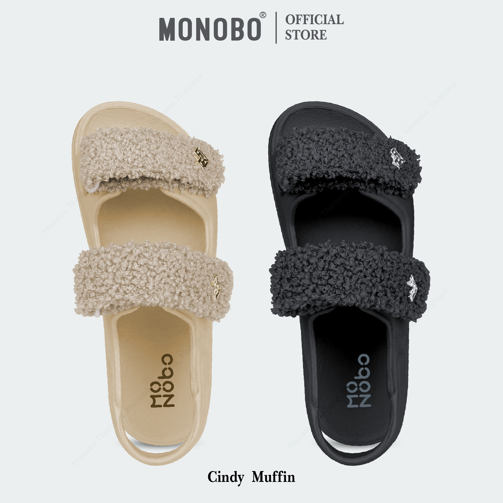 Monobo รุ่น Cindy Muffin รองเท้าแตะสายคู่สวมง่าย ลุคน่ารักสายหวาน ตกแต่งโลโก้ทรงเพชร พื้นนุ่ม เดินสบาย ของแท้ 100% ราคา 890 บาท*ส่งฟรี