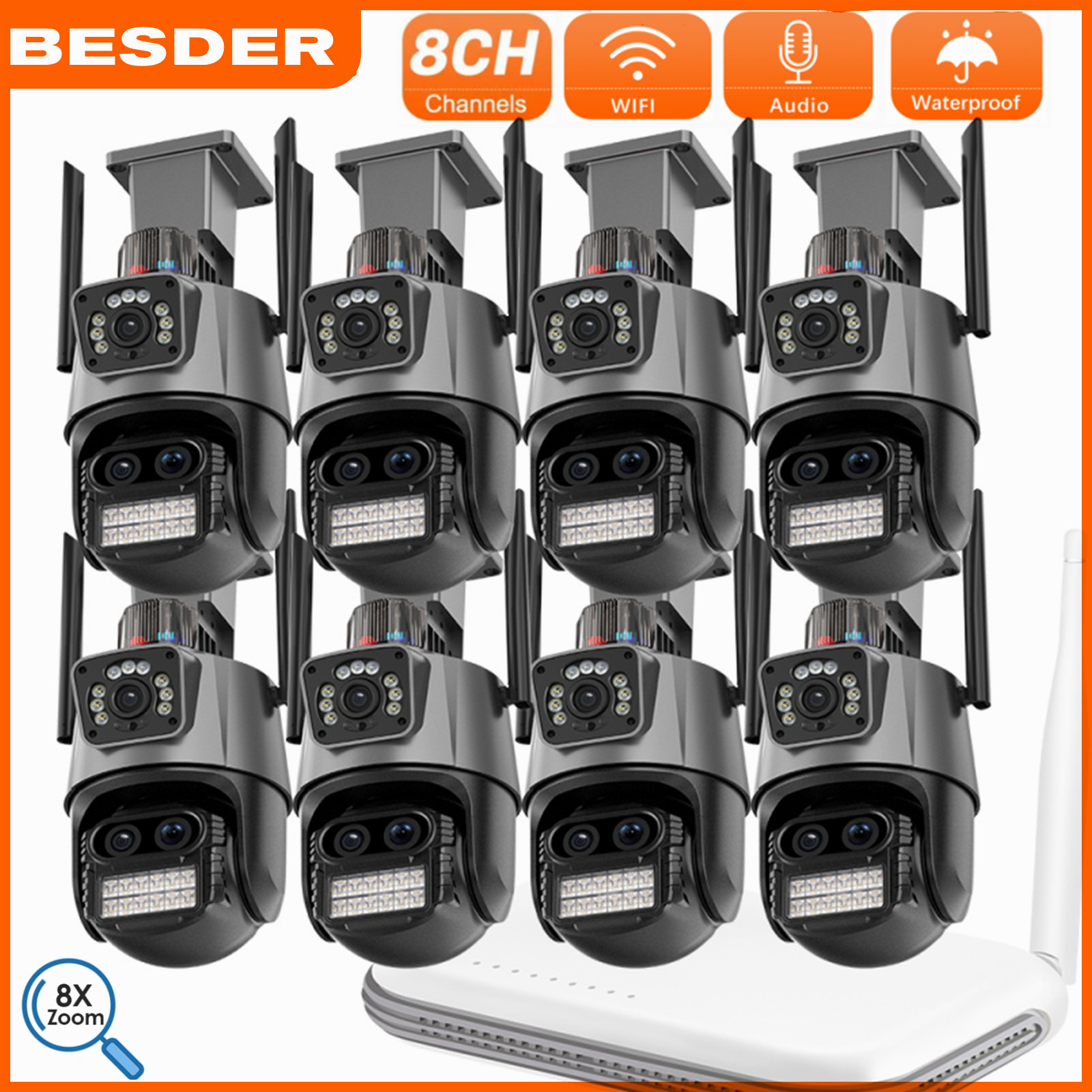 BESDER 8CH มินิ NVR 8MP กล้อง IP สามเลนส์ กล้อง WiFi แบบ Dual Screen การติดตามอัตโนมัติ Ai Body Detection กลางแจ้งกันน้ำสีเต็มวิสัยทัศน์กลางคืน กล้องวงจรปิด ราคา 4,726 บาท*ส่งฟรี