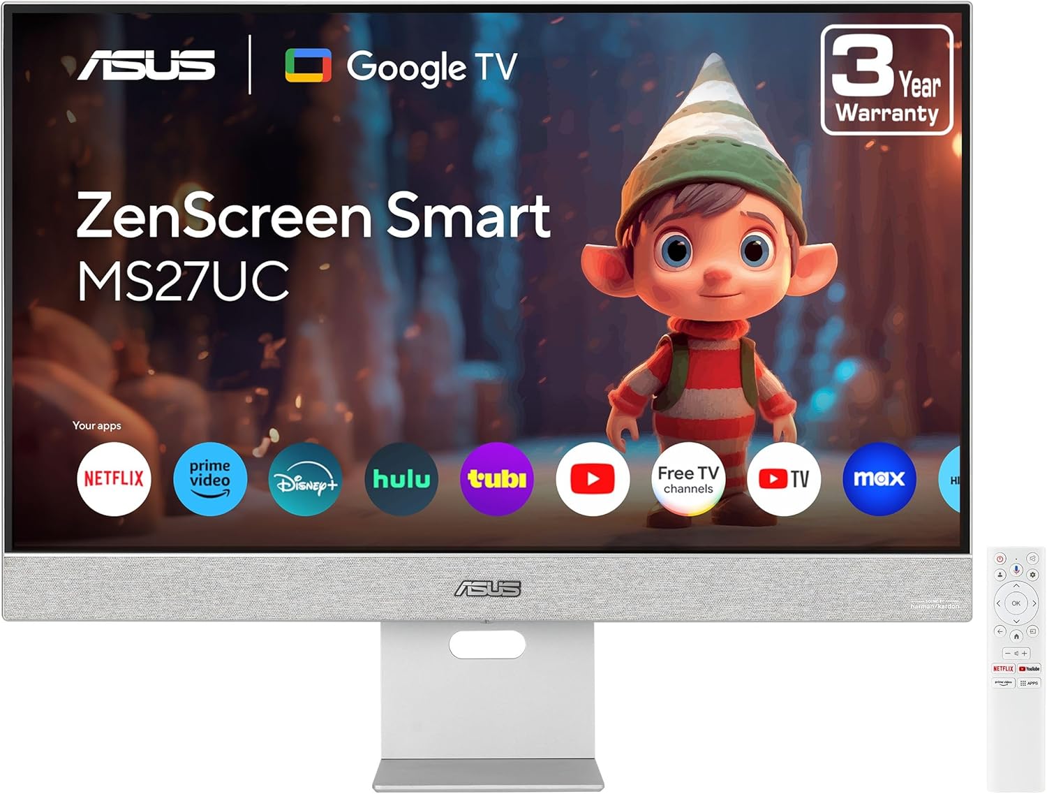 ASUS ZenScreen 27” 4K USB-C Smart Monitor (MS27UC) - UHD (3840 x 2160) IPS, 99% sRGB, Google TV, Harman Kardon Speakers, USB-C 90W PD, USB Hub, Wireless Display, Netflix and YouTube, 3 yr Warranty ราคา 15,990 บาท*ส่งฟรี