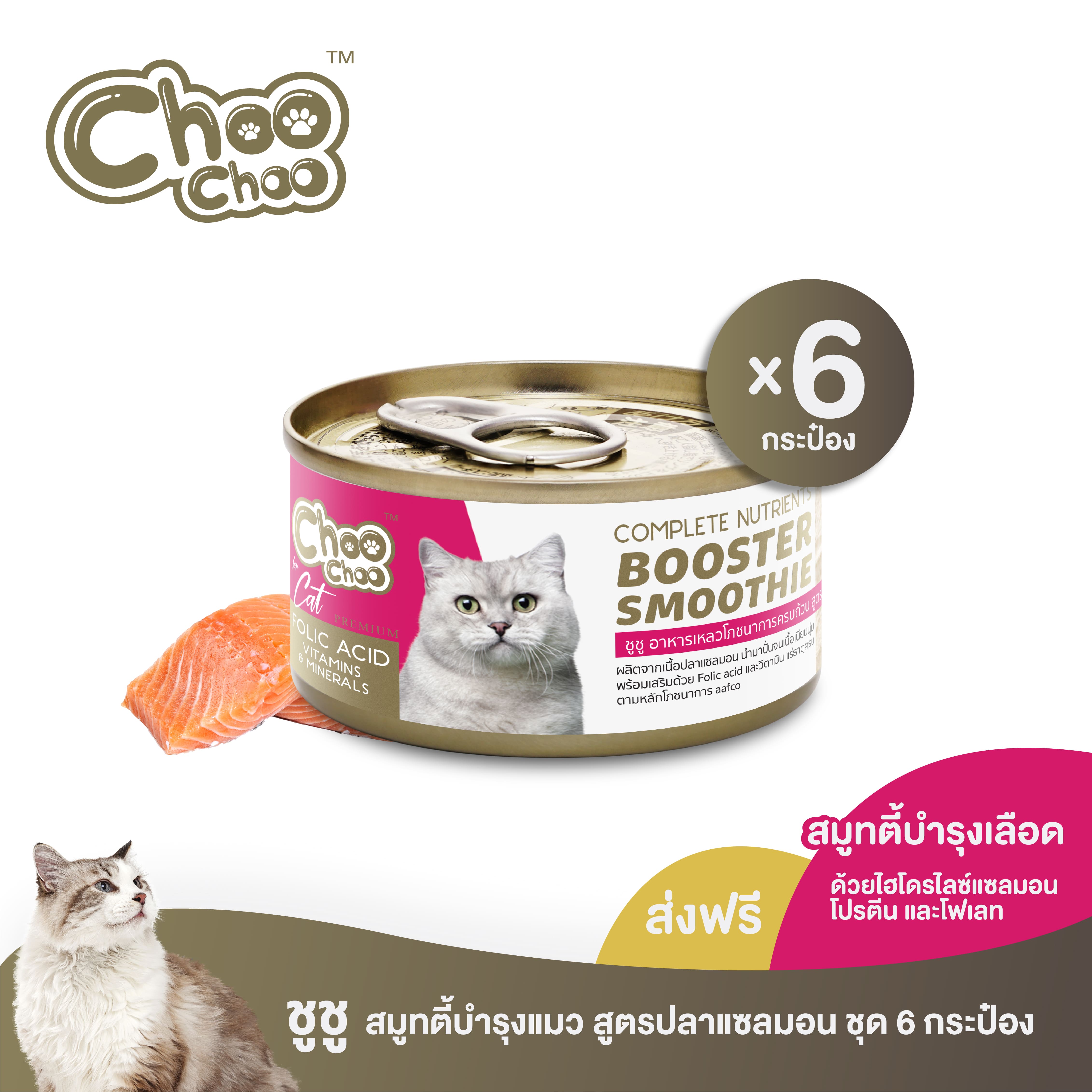[ส่งฟรี] ChooChoo ชูชู สมูทตี้ปลาแซลมอน สูตรบำรุงเลือด 6 กระป๋อง (80กรัมx6กระป๋อง) ราคา 229 บาท*ส่งฟรี