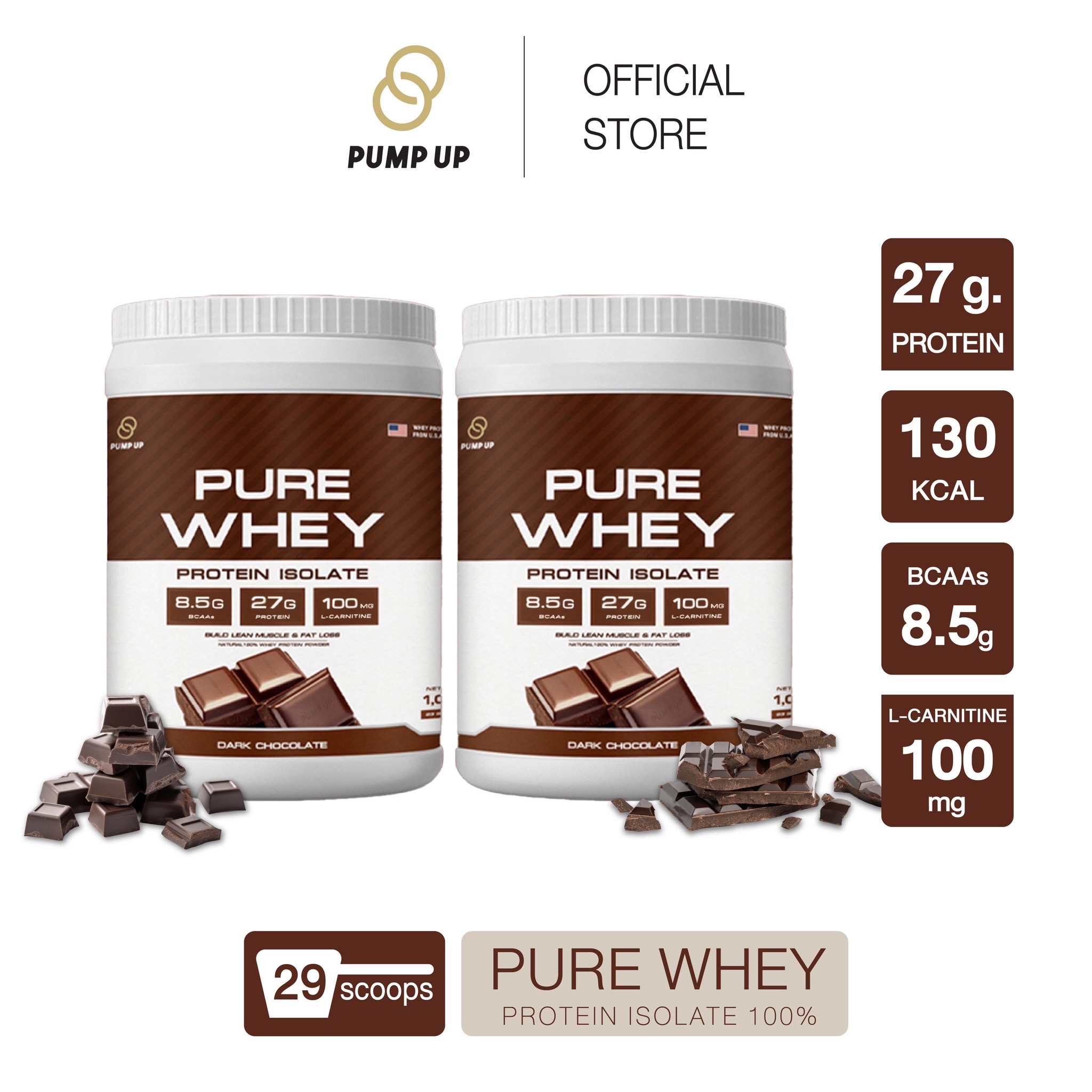 [ DUO SET ] Protein Whey Protein Isolate 100 % PUMP UP Build Muscle Lose Fat Dark Chocolate Flavor ราคา 3,380 บาท*ส่งฟรี