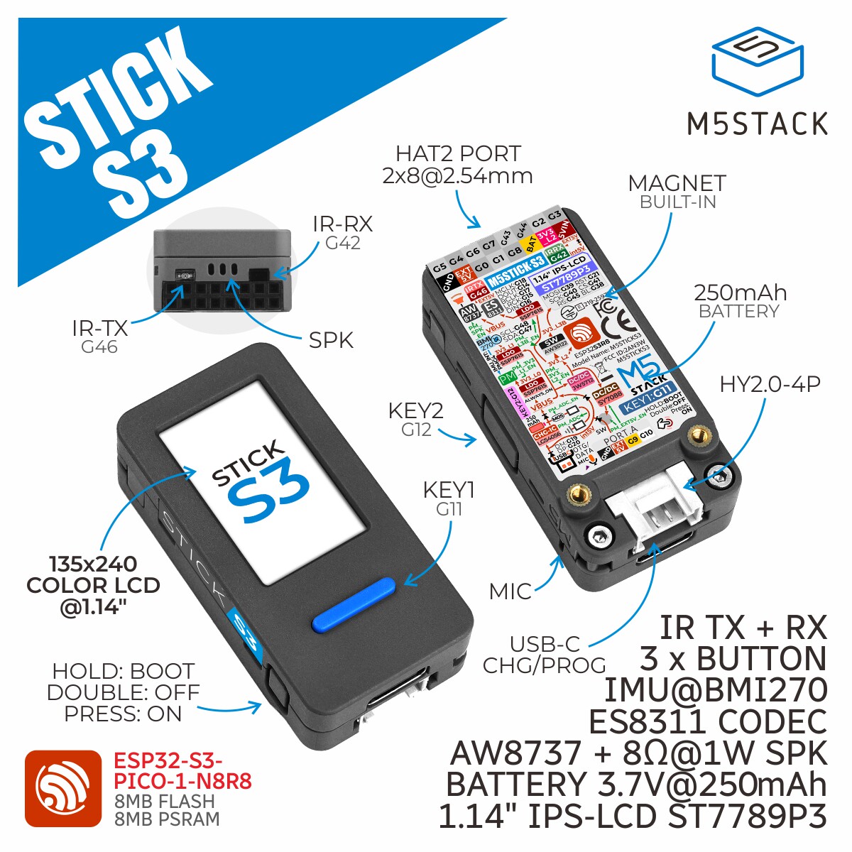 M5Stack Sticks3 Esp32 S3 Official High-Performance Compact Iot Development Kit ราคา 1,068 บาท*ส่งฟรี