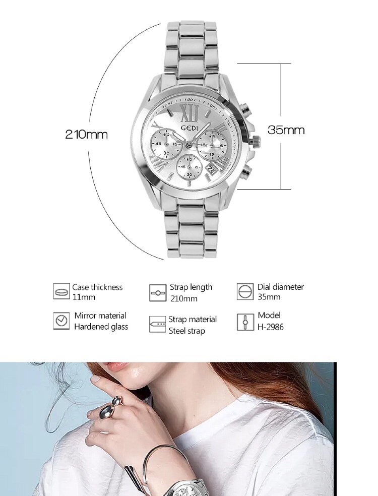 ภาพประกอบของ GEDI 2986 นาฬิกาผู้หญิง 2022 นาฬิกาลำลองผู้หญิง การเคลื่อนไหวของควอตซ์ สแตนเลส แฟชั่น ลำลอง ควอตซ์ อนาล็อก  มีสามหน้าปัด