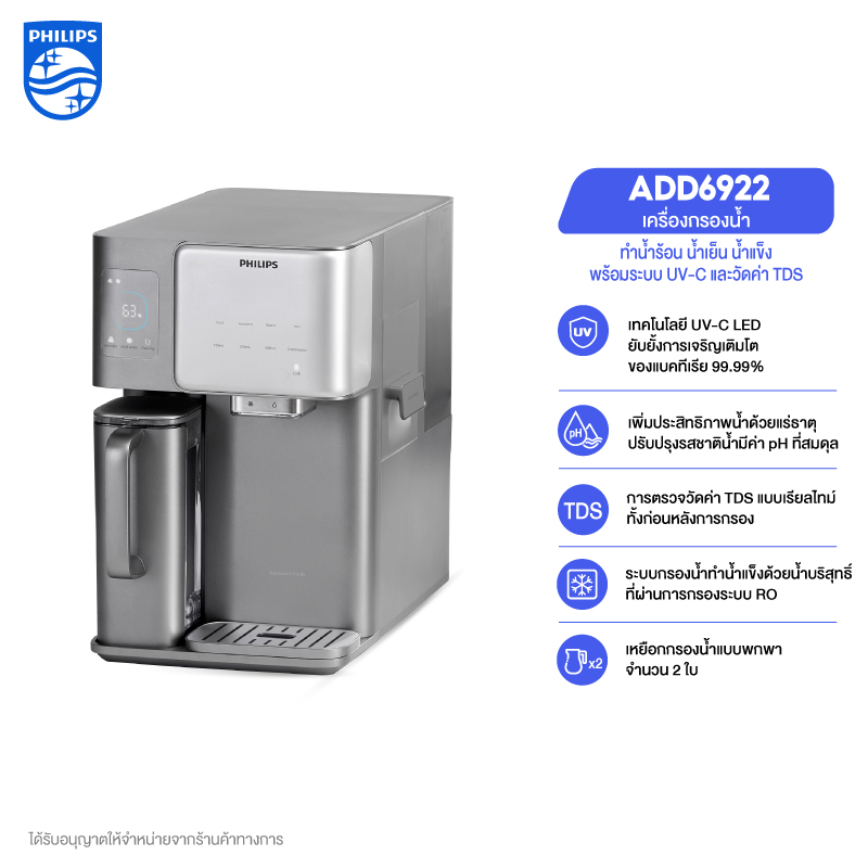 Philips water ADD6922 เครื่องกรองน้ำ 5in1 ทำน้ำเย็น น้ำแข็ง น้ำร้อน กรองน้ำระบบ RO พร้อมวัดค่า TDS เรียบไทม์ ราคา 36,599 บาท*ส่งฟรี