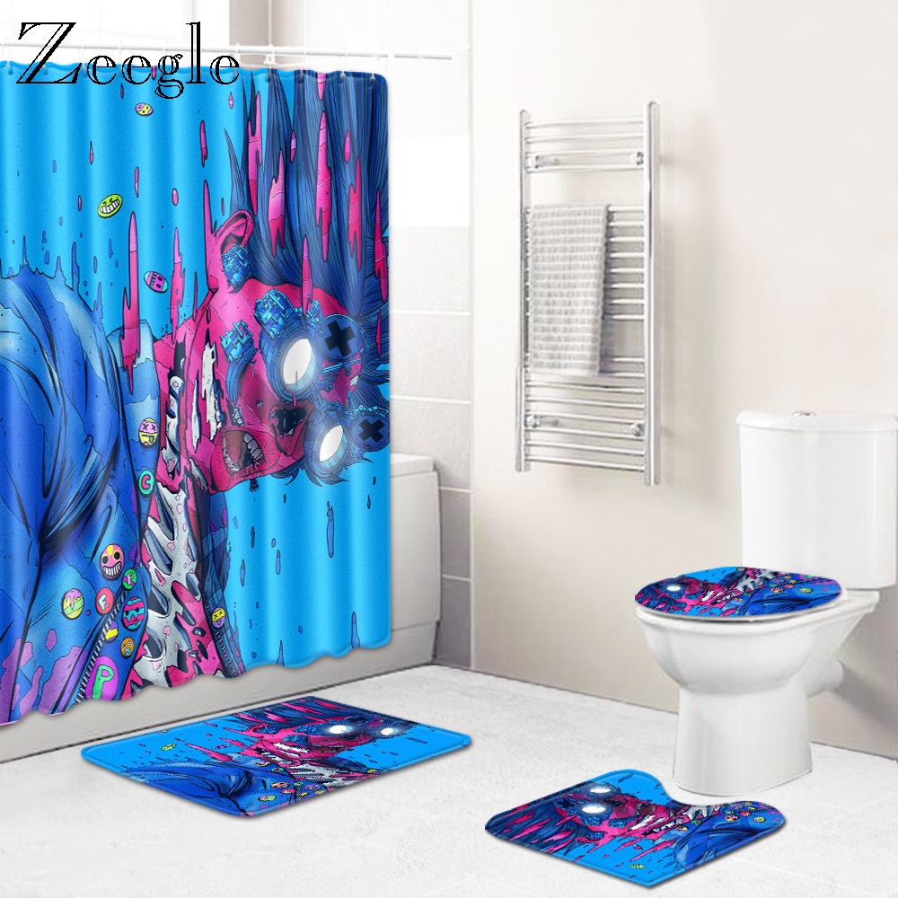 Zeegle Funny 4Pcs Bath Mat Bathroom Decoration Mat Water Absorption Toilet Floor Mat Shower Room Curtain Creative Soft Foot Rug
