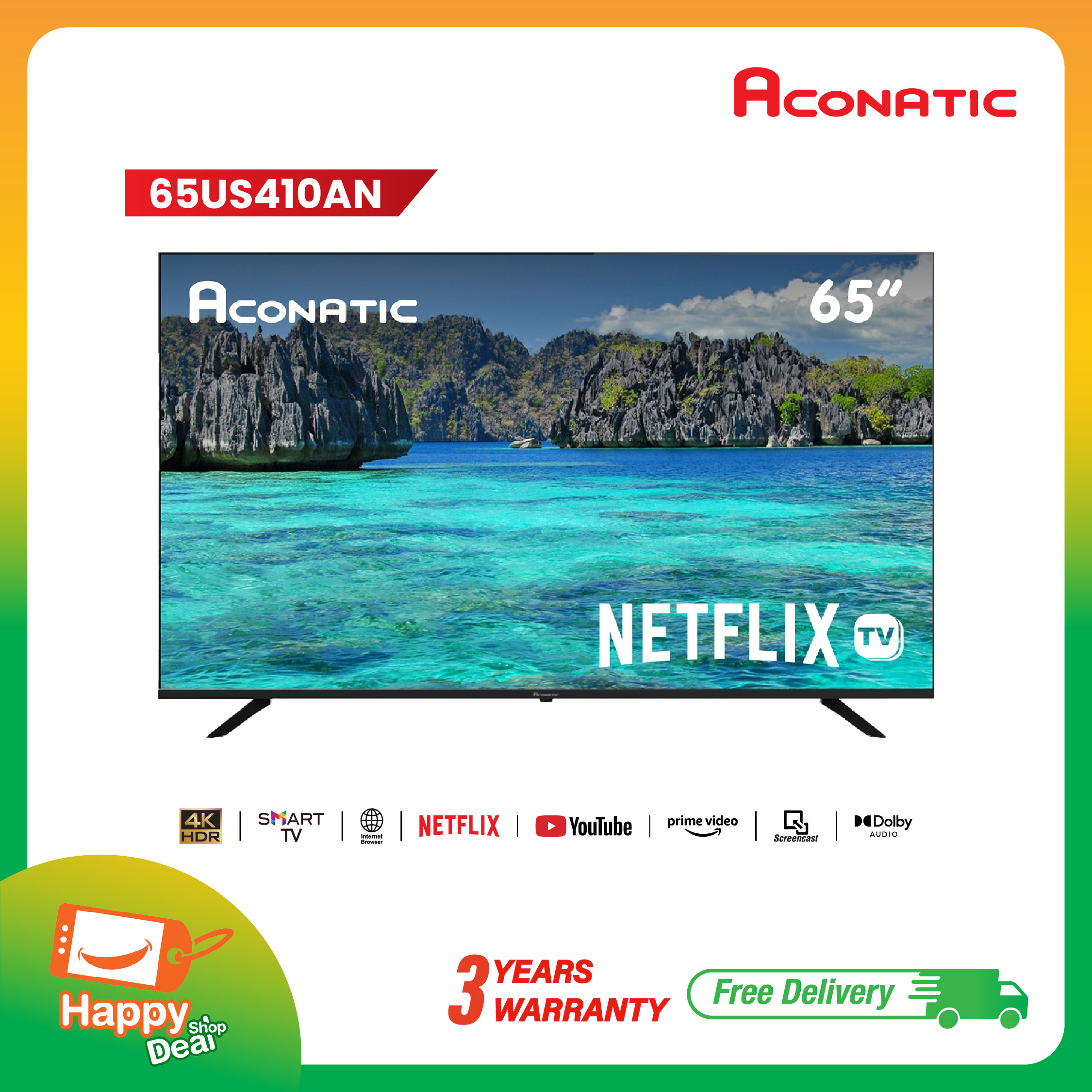 Aconatic ทีวี 65 นิ้ว LED 4K HDR Netflix TV รุ่น 65US410AN Smart TV (Netflix v5.3) สมาร์ททีวี (รับประกัน 3 ปี) ราคา 13,990 บาท*ส่งฟรี