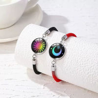 PCWFKEF Cute Hot sale สร้อยข้อมือคู่รักเรืองแสง 2 ชิ้น พระอาทิตย์และพระจันทร์ สร้อยข้อมือถักสีดำปรับได้ มิตรภาพ แฟชั่น เครื่องประดับโรแมนติก ของขวัญวันเกิด