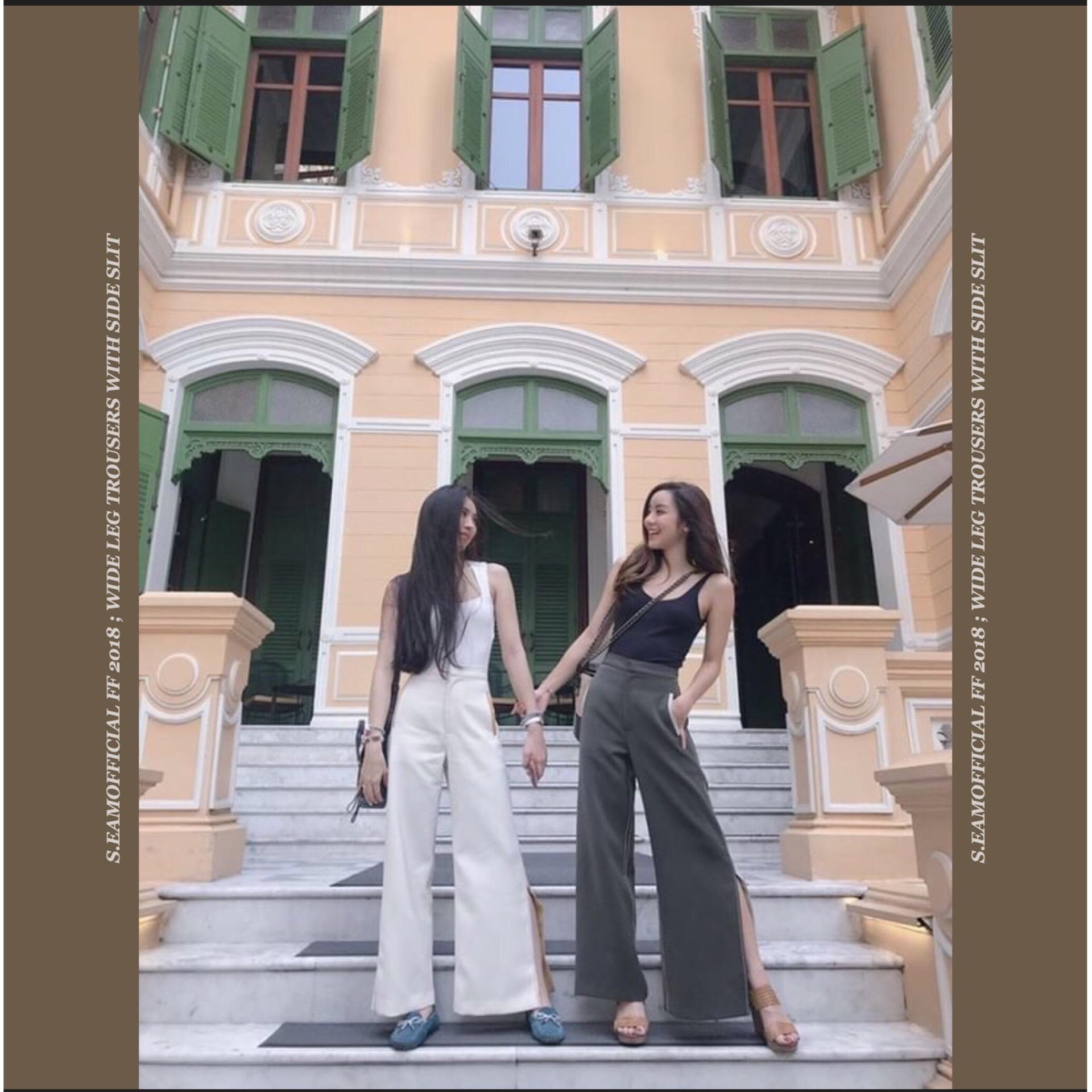 seamofficial - Wide Leg Trousers With Side Slit กางเกงขายาวเอวสูงผ่าข้าง