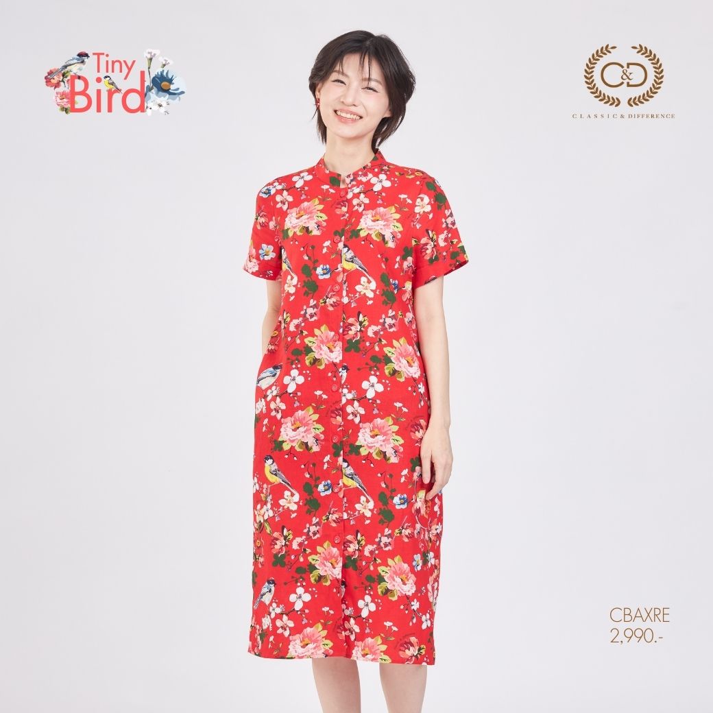 C&D Dress Tiny bird เดรส คอตั้ง กระดุมผ่าหน้า สีแดง CBAXRE ราคา 2,990 บาท*ส่งฟรี