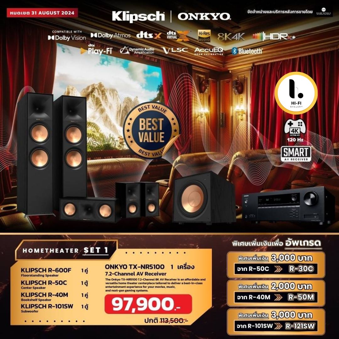 ชุดโฮมเทียเตอร์ ONKYO TX-NR5100 + KLIPSCH R-600F + KLIPSCH R-50C + KLIPSCH R-40M + KLIPSCH R-101SW Hometheater Set 1 ราคา 97,900 บาท*ส่งฟรี