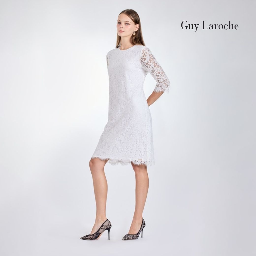 Guy Laroche Dress Luxury Lace White, Round Neck Dress, Three-Quarter Sleeves, Black Gcb3Wh ราคา 3,500 บาท*ส่งฟรี