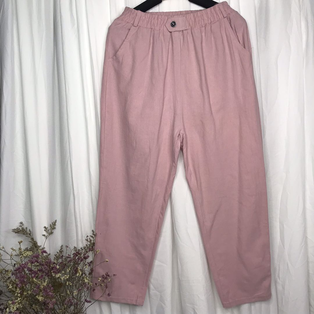 ผ้าฝ้ายผ้าลินินผ้าลินินพับหญิงใหม่ปุ่มเอวยางยืดเอวกางเกงลำลองกางเกงมี 6 สี