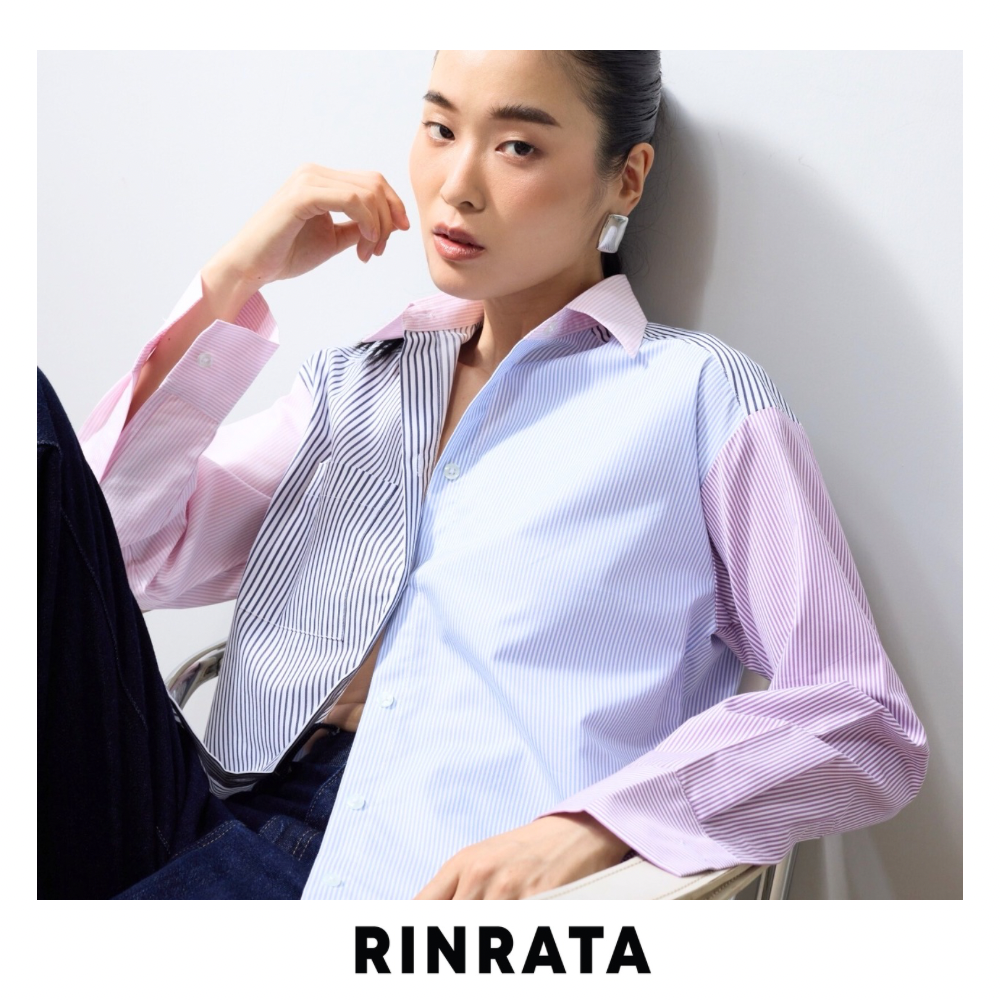 RINRATA - LAUREN SHIRT - เสื้อเชิ้ต แขนยาว ผ้าคอตต้อนอย่างดี ตัดต่อสลับสี ชมพู ฟ้า ม่วง คอปก เชิ้ต กระดุมหน้า มีกระเป๋าหน้าอก ราคา 3,490 บาท*ส่งฟรี