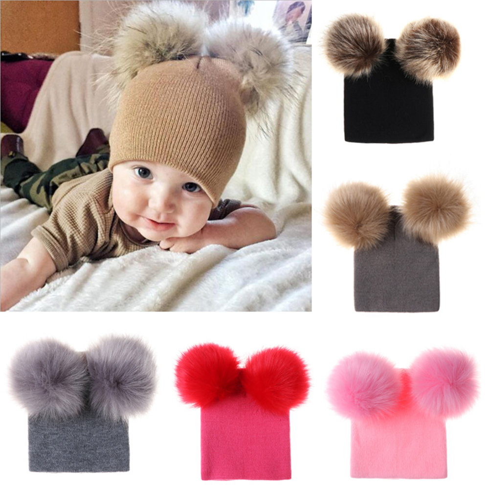 RUIZH Warm ฤดูหนาวหมวกบีนนี่สำหรับเด็กหมวกเด็กแรกเกิดคู่ Hairball หมวกถักหมวกอบอุ่นหมวกมีพู่หมวกเด็ก