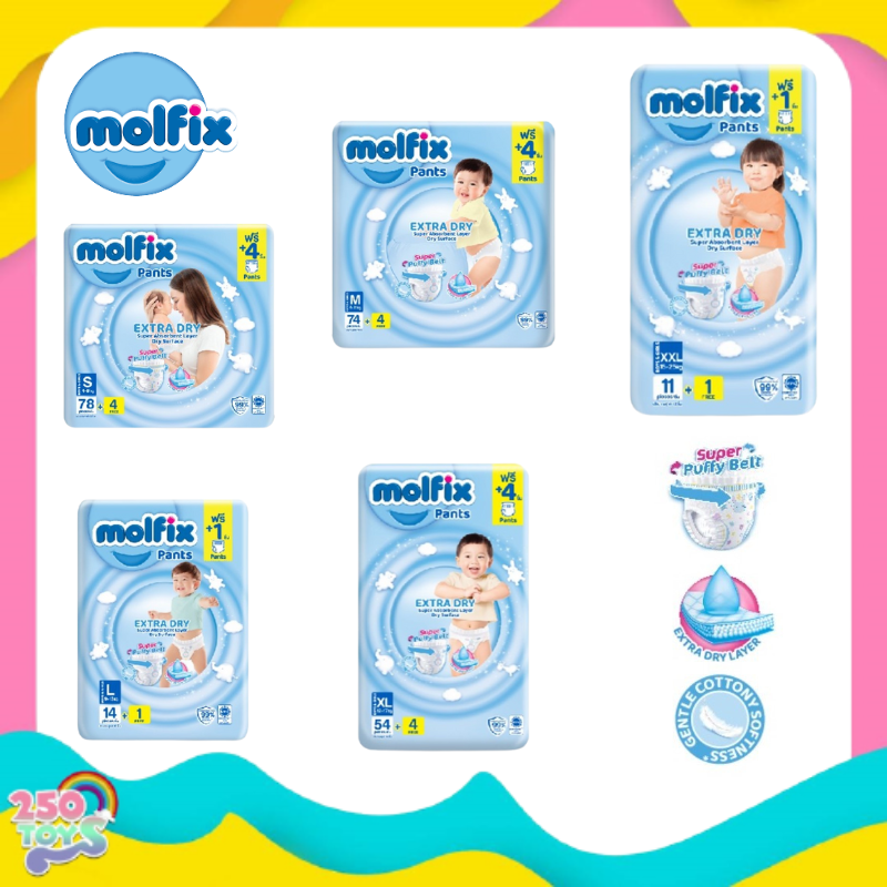 Molfix ผ้าอ้อมเด็กโมลฟิกซ์ เอ็กซ์ตร้า ดราย แพ้นส์ Molfix Pants Extra Dry ไซส์ M - XXL ราคา 93 บาท*ส่งฟรี
