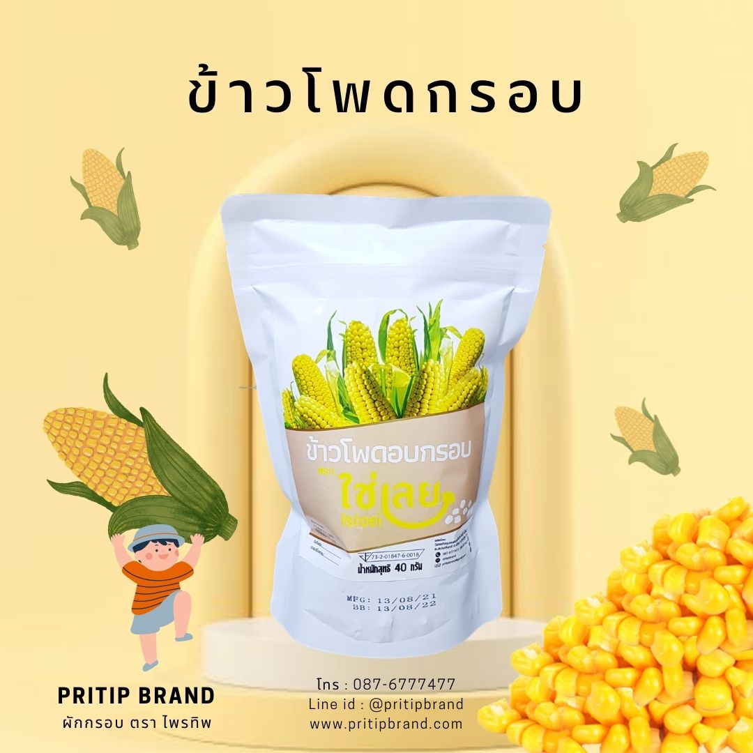 🌽 ข้าวโพดกรอบ 🌽 ตราไพรทิพ (ขนาด30กรัม) ขนมคบเคี้ยว เพื่อสุขภาพ ไม่มีผงชูรส ราคา 65 บาท*ส่งฟรี