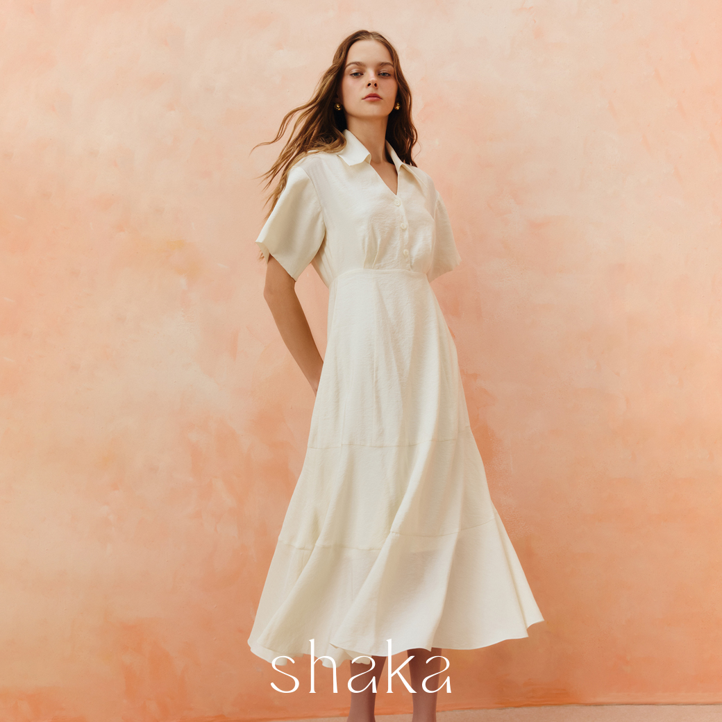 Shaka Aw25 Soft Collar Midi Dress, Knee-Length Dress. There Is a Collar and a V-Neck Ds-8251022 (White) ราคา 3,465 บาท*ส่งฟรี