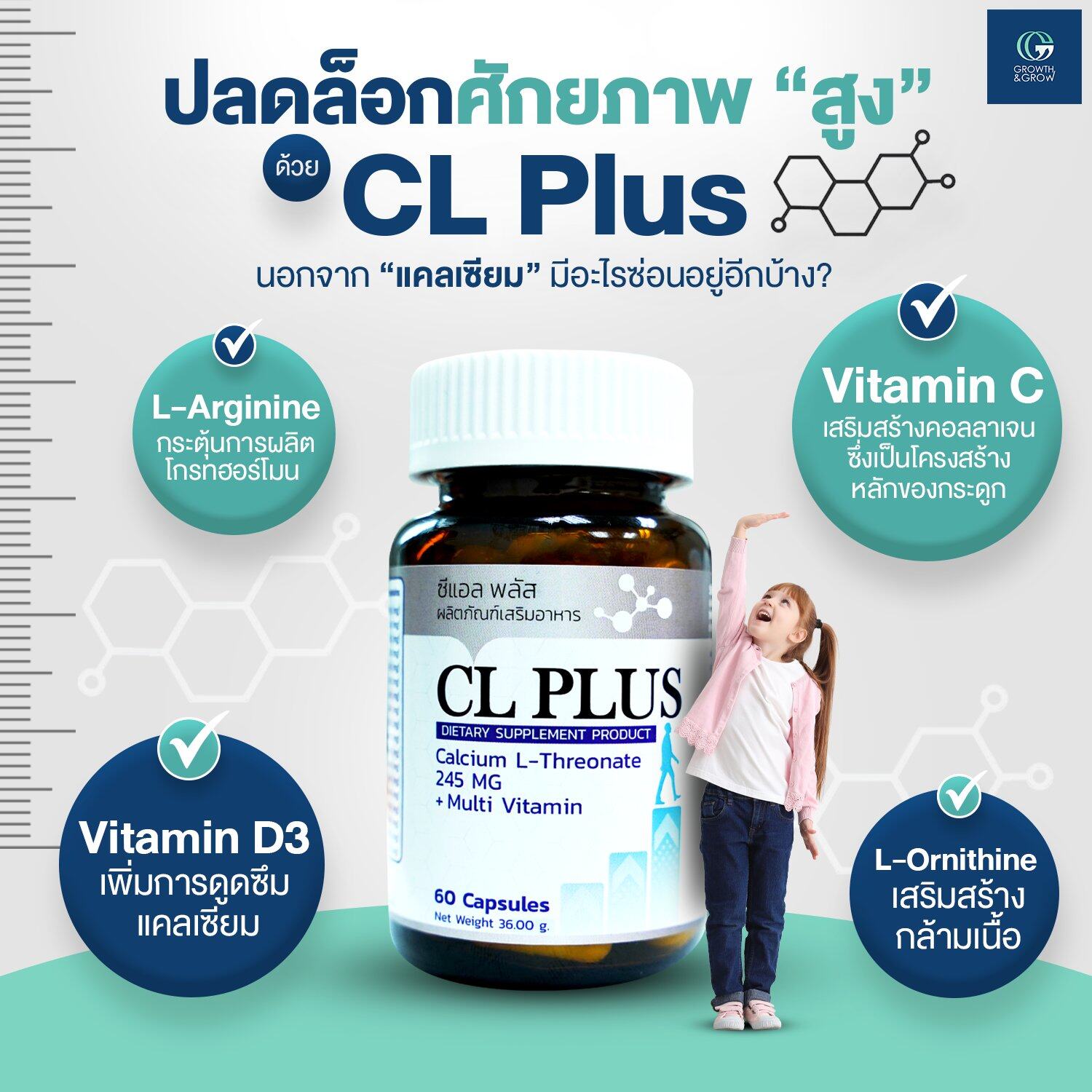ซีแอล พลัส CL Plus ผลิตภัณฑ์เสริมอาหาร แคลเซียมสูตรของคลินิกพัฒนาการส่วนสูง Growth & Grow Medical Center