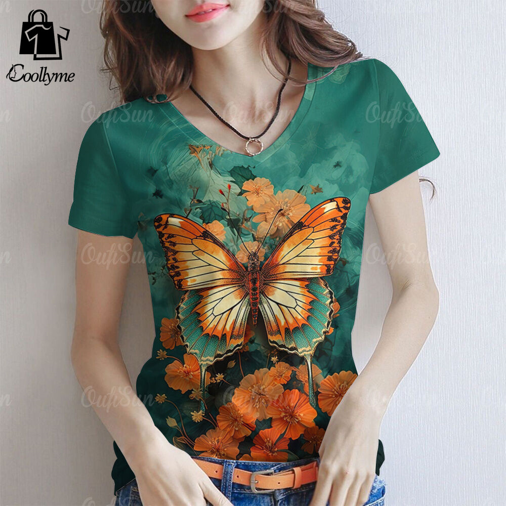 Butterfly pattern women T-shirt 2567 casual daily short sleeve women V neck top plus size fashion clothing tops ราคา 97 บาท*ส่งฟรี
