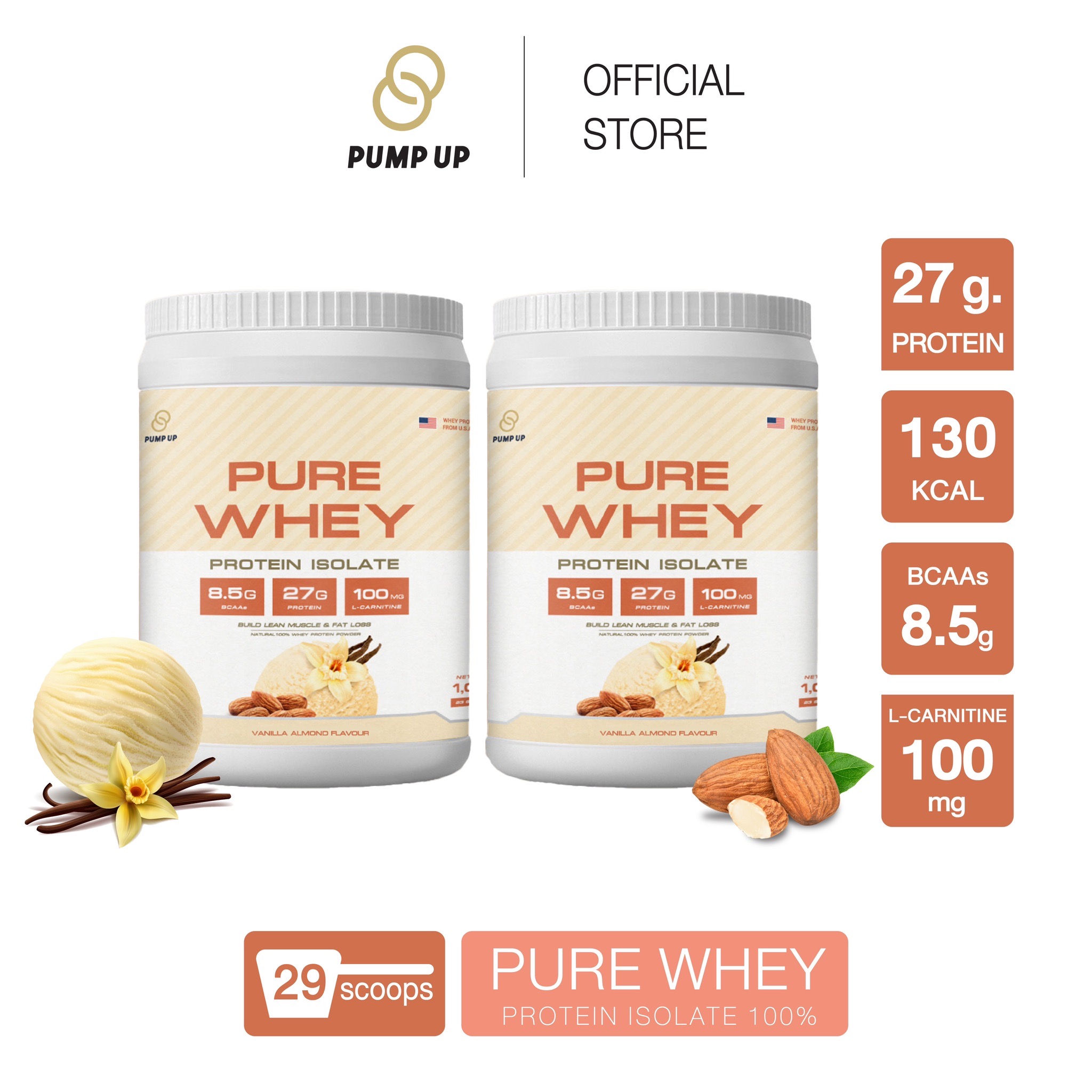 [ DUO SET ] Protein Whey Protein Isolate 100 % PUMP UP Build Muscle Lose Fat Vanilla Almond Flavor ราคา 3,380 บาท*ส่งฟรี