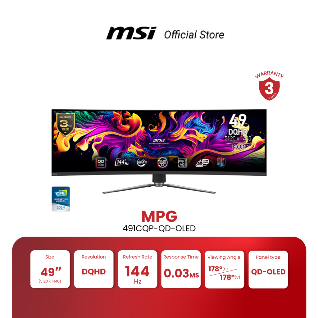MSI MONITOR MPG 491CQP QD-OLED | 49" DQHD | QD-OLED | 144Hz | 0.03ms (จอคอมพิวเตอร์) (Pre-order 7-15 วัน) ราคา 37,900 บาท*ส่งฟรี