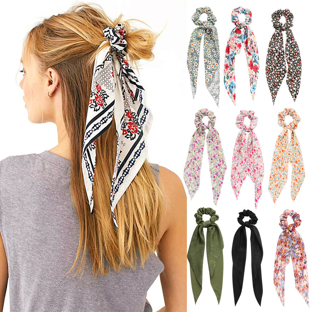 ORANGEJOY Ins Boho Bow Ribbon Scrunchie Women Girls Elastic Hair Bands Long Ribbon Hair Tie Ponytail scarf Floral Print Scrunchies