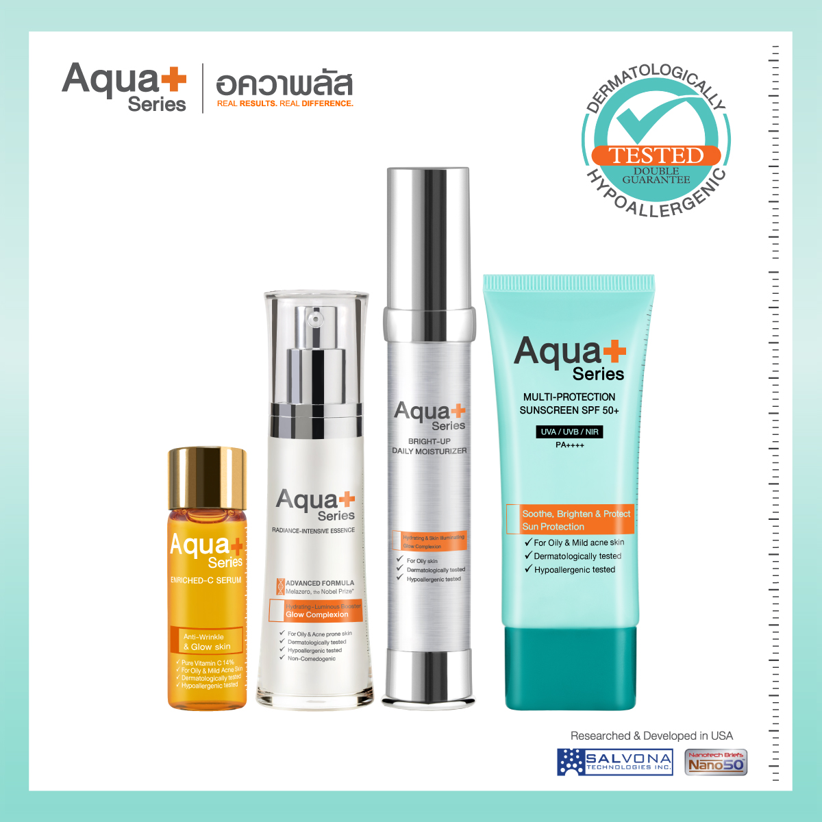 เซรั่มบำรุงผิวหน้า เอสเซนส์สูตรเข้มข้น Aqua+series (ส่งฟรี) Enriched-C Serum 15 ml. & Radiance-Intensive Essence 30 ml. & Bright-Up Daily Moisturizer 30 ml. & Multi-Protection Sunscreen SPF50+/PA++++ 50 ml. (Suitable for Sensitive Skin...