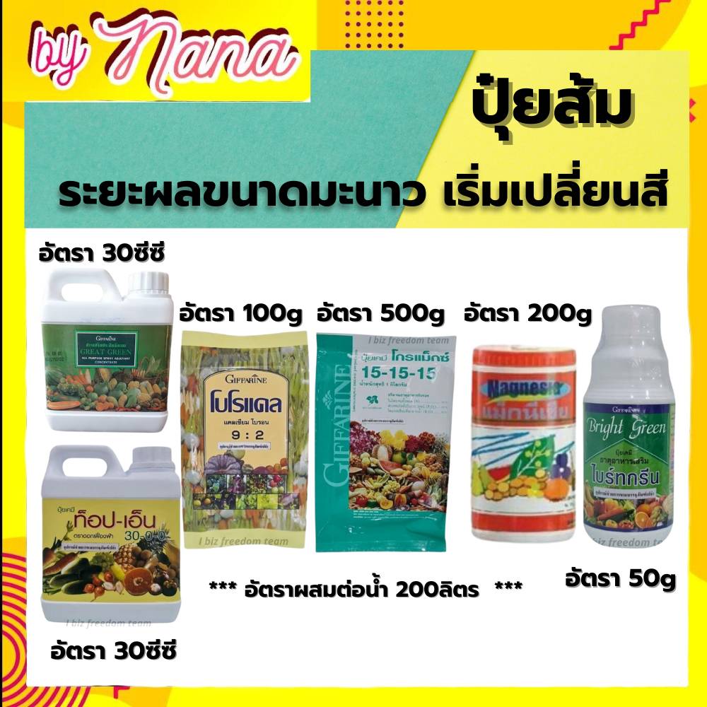 ปุ๋ย ปุ๋ยส้ม ระยะดอกเริ่มโรย ผลขนาดมะนาว ปุ๋ยกิฟฟารีน โบโรแคล เกรทกรีน ปุ๋ยเกล็ด 15-15-15 ไบร์ทกรีน แม็กนีเซีย กิฟฟารีนของแท้ Giffarine