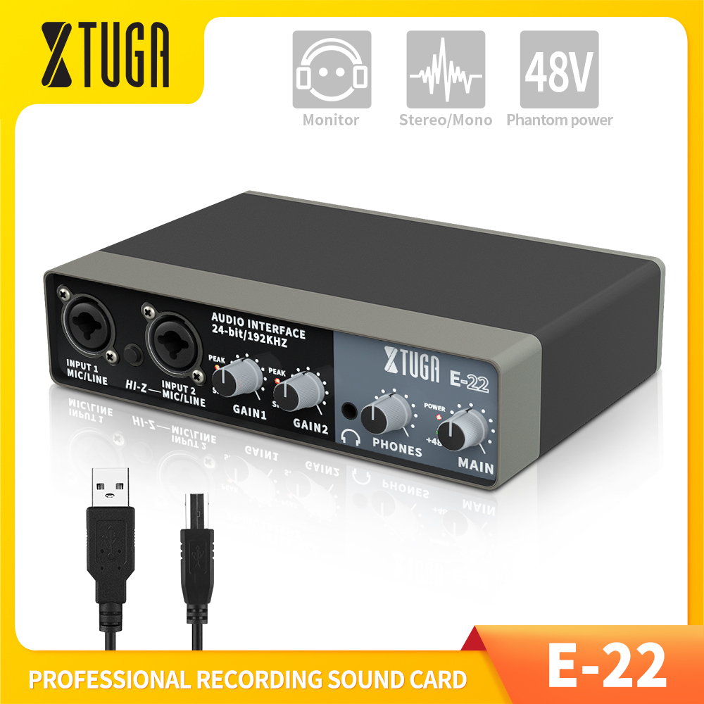 XTUGA E-22 Professional Audio Interface Stereo/Mono USB Recording Sound Card with 24 bit/192 kHz High Audio resolution Built-in Monitor Jack, 48V Power Use For Studio Recording, Live Broadcast, K Song Record ราคา 1,699 บาท*ส่งฟรี