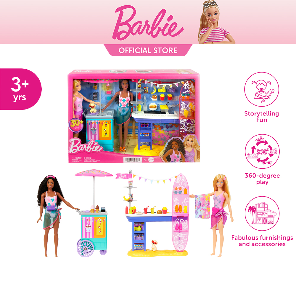 Barbie Beach Boardwalk Playset With Barbie Brooklyn & Malibu Dolls บาร์บี้ เพลย์เซตธีมร้านริมชายหาด พร้อมตุ๊กตามาลิบูและบรูคลินน์ HNK99 ราคา 2,885 บาท*ส่งฟรี