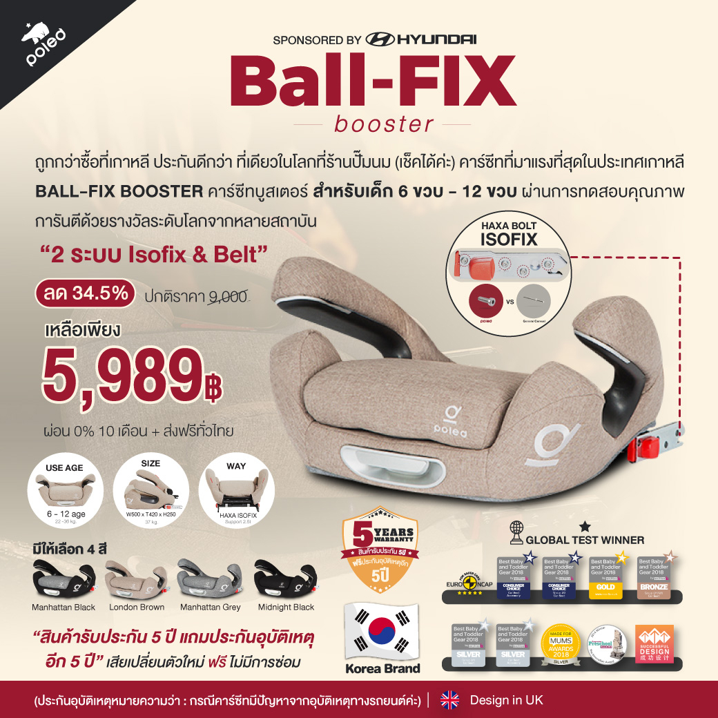 บิ๊กดีล [ลด44.5%] POLED คาร์ซีท6ปี-12ปีจากประเทศเกาหลี ประกัน5ปี เสียเปลี่ยนตัวใหม่ รุ่น BALL - FIX BOOSTER ดีที่สุดในโลก ราคา 5,554 บาท*ส่งฟรี