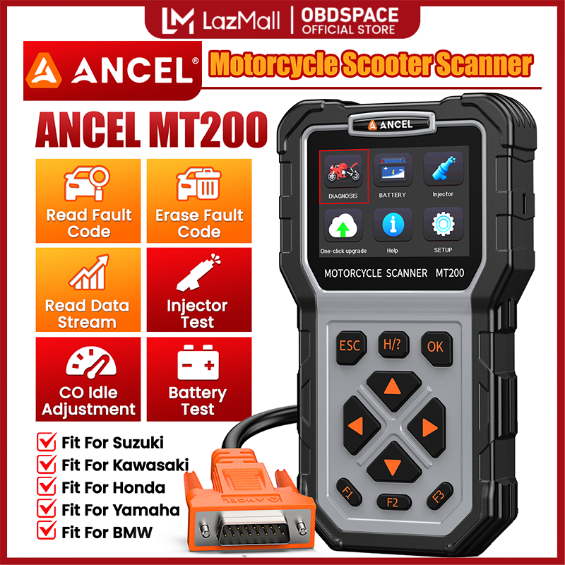 ANCEL MT200 OBD2 Scanner เครื่องมือวินิจฉัยรถจักรยานยนต์ เครื่องทดสอบแบตเตอรี่ เครื่องทดสอบฉีด CO การปรับไม่ใช้งาน Honda BMW Yamaha หลายสาย ราคา 6,076 บาท*ส่งฟรี