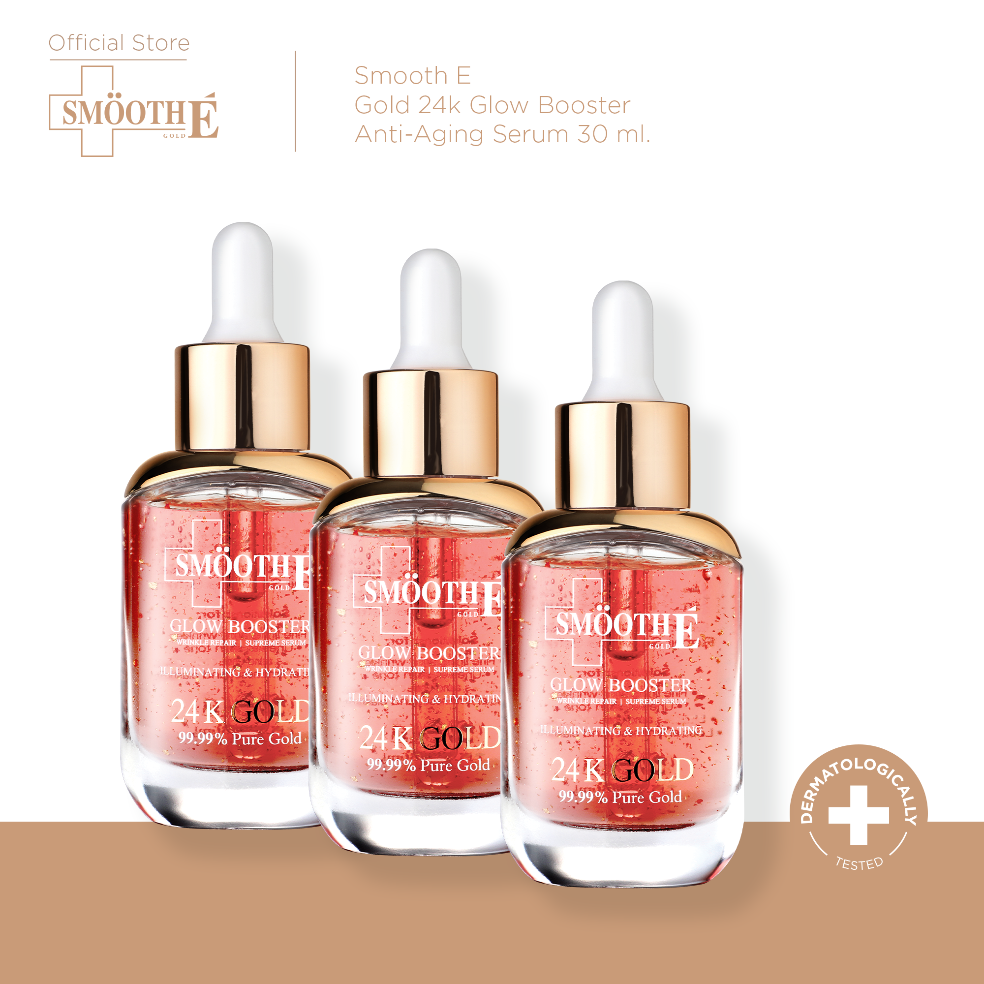 [แพ็ค 3] Smooth E Gold 24k Glow Booster Anti-Aging Serum 30 ml. ลดเลือนริ้วรอยร่องลึก ลดเลือนฝ้าแดดสะสม ราคา 3,600 บาท*ส่งฟรี
