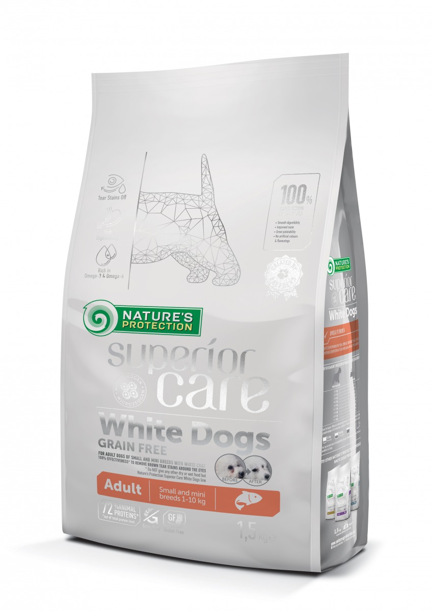 Nature's Protection White Dogs Adult Salmon อาหารสุนัขเกรนฟรี สำหรับสุนัขขนสีขาว พันธุ์เล็ก สูตรแซลมอน ขนาด 1.5kg , 10kg ราคา 859 บาท*ส่งฟรี