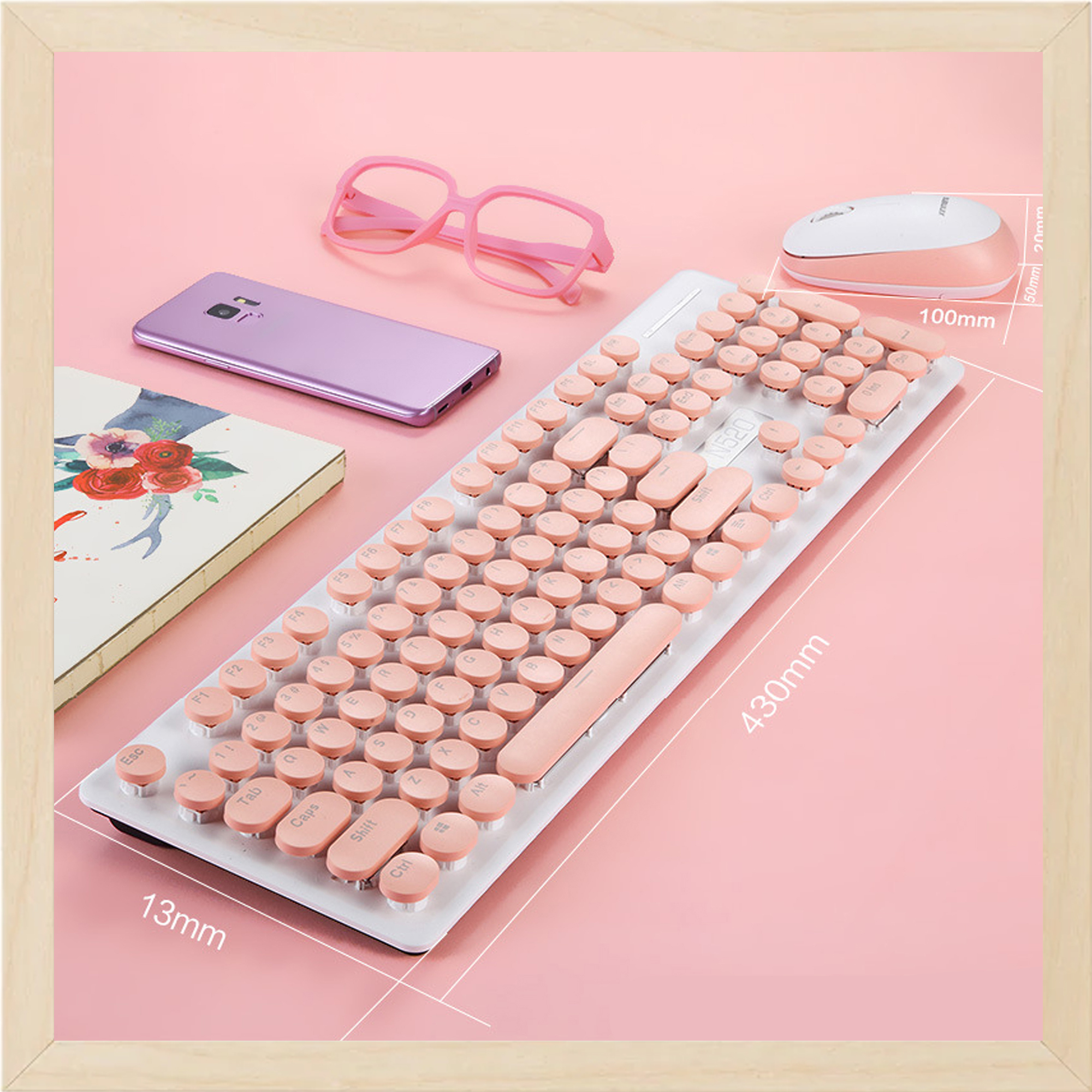 Poca Care Keyboard เม้าส์ คีย์บอร์ด ไร้สาย กันน้ำหกใส่ ปุ่มลอย สีพาสเทล Wireless Raspberry pi 400 Keyboard Mouse Girl Cute Pink retro Wireless Set Home Office