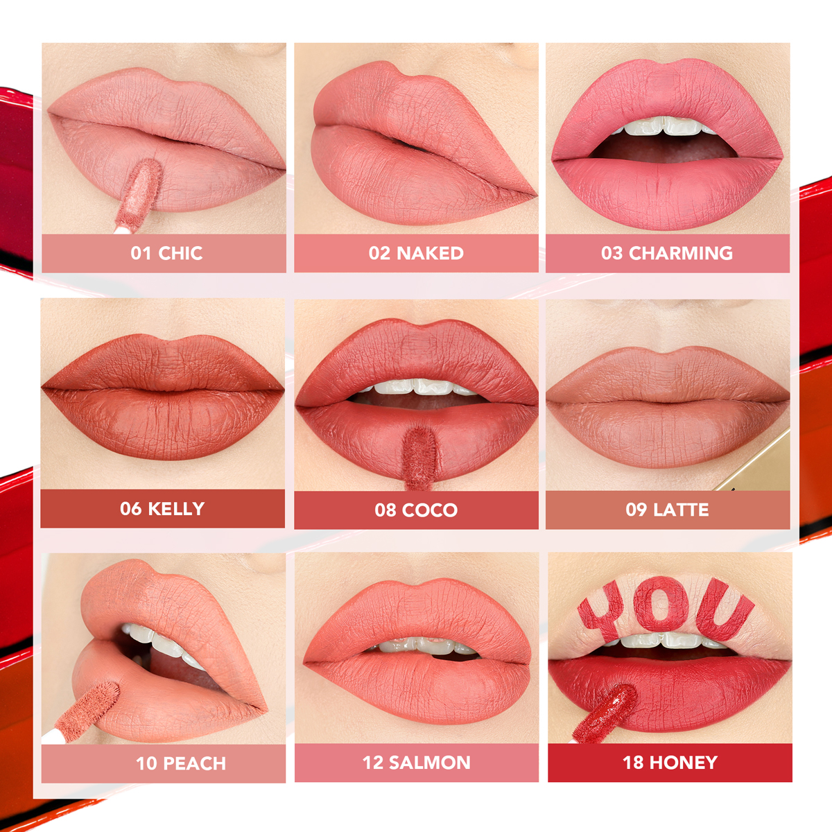 YOU Rouge Velvet Matte Lip Cream (9 สีขายดี) เนื้อเนียน บางเบา แห้งเร็ว มีสารสกัดจากนำ้มันมะพร้าวและวิตามิน E 4 YOU Rouge Velvet Matte Lip Cream (9 สีขายดี) เนื้อเนียน บางเบา แห้งเร็ว มีสารสกัดจากนำ้มันมะพร้าวและวิตามิน E 1defcac9777e1bc7fddd87348770baf6