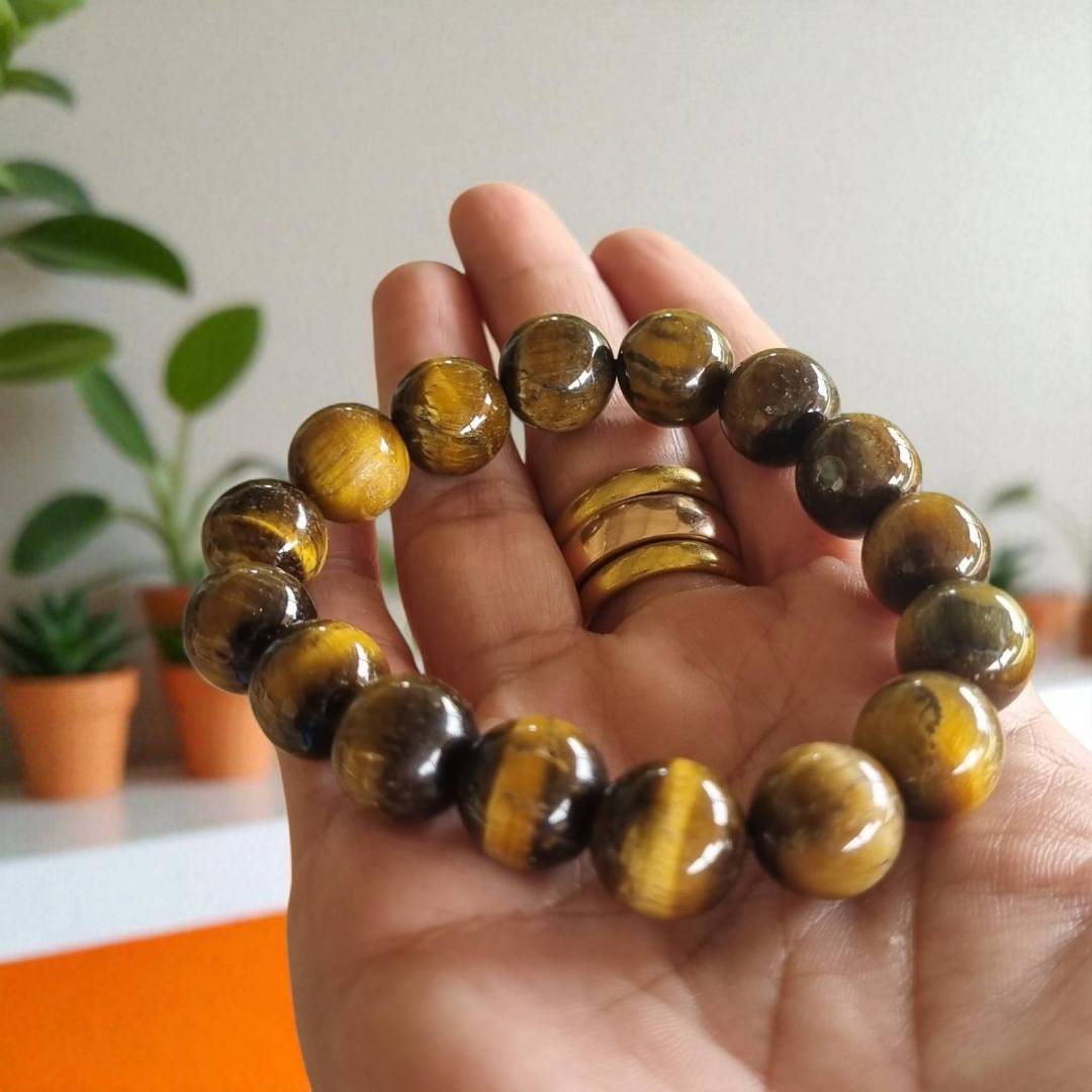 Stone Bracelet, Teak Wood - Tiger's Eye Stone, Size 10 mm (Free Size) Tiger's Eye