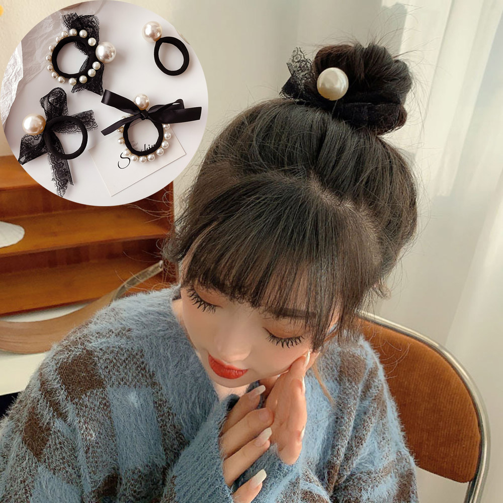 BUBBLE FASHION Korean Style Ladies Ponytail Holder Beaded Head Rope Elastic Lace Hair Ropes Rubber Bands Imitation Pearls Hair Ties Bow knot
