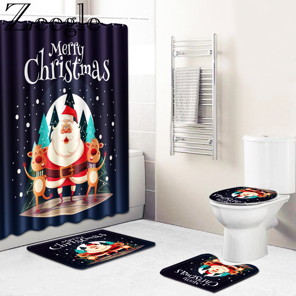 4PCS Merry Christmas Bathroom Bath Mat Shower Curtain Set Non-Slip Bath Rug Lid Toilet Cover Bath Mat Home Decor Bathroom Carpet