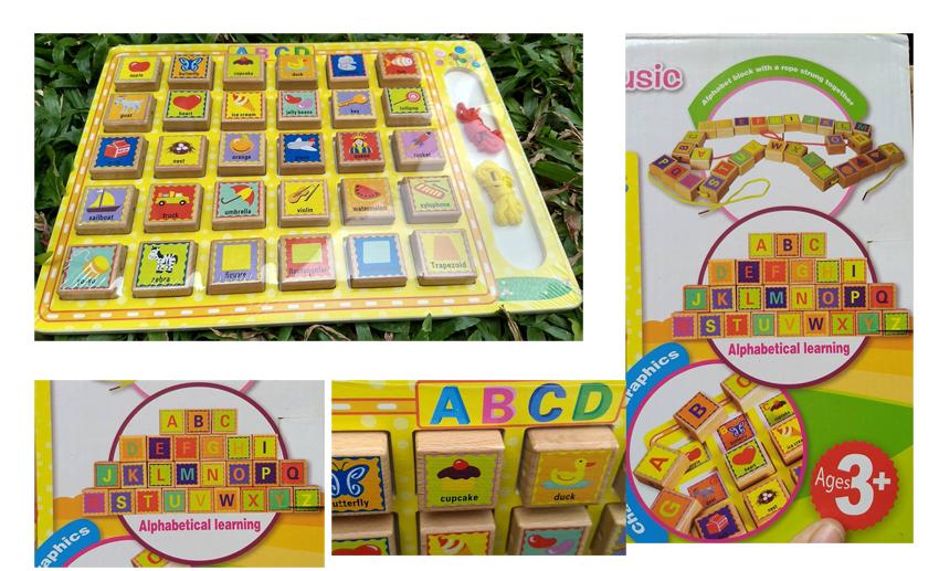 Wood toy ของเล่นไม้ กระดาน 3 in1 บล็อคไม้สอนABC/ร้อยเชือก/คำศัพท์    (รุ่น ABC Fun) สีเหลือง
