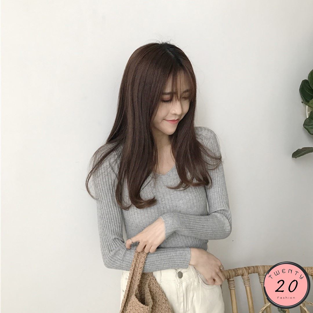 ✢20Twenty fashion✢ เสื้อไหมพรมแขนยาว คอวี ผ้าร่องยืด 16 สี